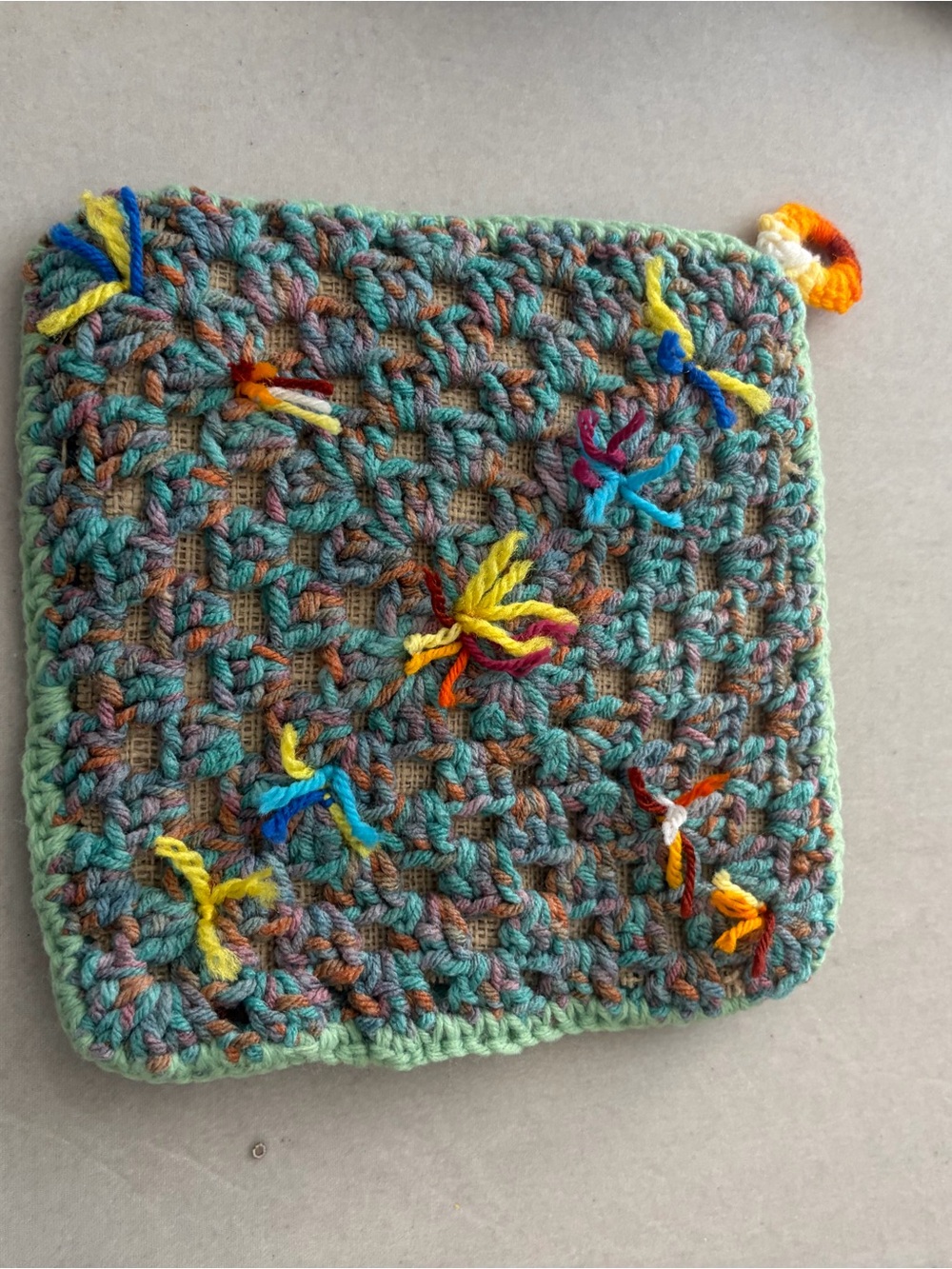 Handmade Crocheted Square Potholder in Teal with Multicolor Tassels